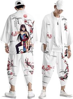 Japanische Kimono-Strickjacke für Herren und Damen, Anime-Buchstaben-bedrucktes T-Shirt/übergroßer Lockerer Haremshosenanzug/Herren-Sommer-Tageskleidung/loser Pyjama-Bademantel,B-XL von DAYKET