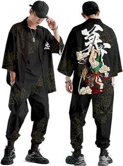 Japanische Kimono-Strickjacke für Herren und Damen, Anime-Buchstaben-bedrucktes T-Shirt/übergroßer Lockerer Haremshosenanzug/Herren-Sommer-Tageskleidung/loser Pyjama-Bademantel,E-XL von DAYKET