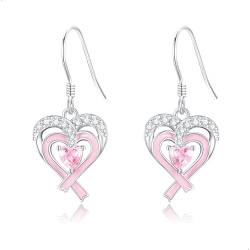 Brustkrebs Ohrringe 925 Sterling Silber Herz Rosa Schleife Hängend Ohrringe Brustkrebs Überlebende Schmuck Brustkrebs Bewusstsein Geschenke für Damen Frauen Mädchen von DAYLINLOVE