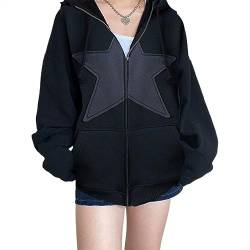 DAZULI Femmes Zip Up Hoodie Vintage Aesthetic Star Print Sweat Lâche Surdimensionné À Manches Longues Veste Cardigan Avec Poches (Color : Noir, Size : M) von DAZULI