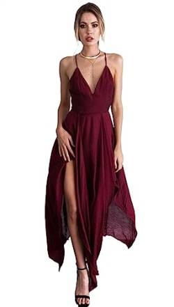 DAZULI Sexy V Ausschnitt Rückenfreies Geschlitztes Sling Kleid Für Damen Fließendes Sommer Ärmelloses Club Party Slip Cocktail Minikleid (Color : Wine red, Size : XS) von DAZULI