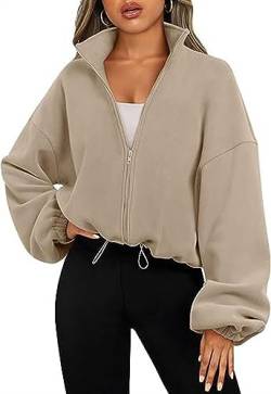 DAZULI Verstellbarer Kordelzug Pullover Mit Reißverschluss Für Damen Lässiges Langärmliges Verkürztes Sweatshirt Herbstmode Rundhalsausschnitt Jacke (Color : Khaki, Size : S) von DAZULI