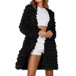 Damen Wintermantel Fashion Open Front Long Cardigan Warm Fleece Thick Jacken Outerwear Solid Fashion Overcoats (Color : Black, Size : Large) von DAZULI