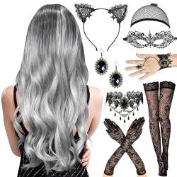 Perücke Halloween Damen,Grau Lange Wellte Lockige Haare 70cm,Perücke Frauen Kostüm Set,Ohrring,Armbänder,Augenmasken,Halsketten,Handschuhe,Haarband,Strümpfe,Karneva,Fasching,Mottoparty. von DAZZTIME