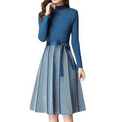 Frauen Herbst Winter Patchwork Langarm Pullover Kleid Gestrickte A-Linie Plissee Kleid Blue XL 60-65kg von DBFBDTU