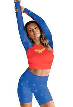 DC Comics Damen Cosplay Active Workout Outfits – Wonder Woman, Batgirl, Harley Quinn, Supergirl – 2-teiliges Set, Wonder Woman, Small von DC Comics