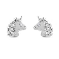 Damen & Kinder Einhorn Ohrstecker mit Zirkonen - Weißgold 9 Karat (375) - Geschenkbox - Garantiezertifikat von DCB