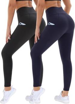 DDOBB 2er Pack Sport Leggings Damen High Waist Sportleggins Damen Lang Mit Taschen Gym Leggings Blickdicht Schwarz Sporthose Elastische Bauchweg Yogahose Fitness Laufhose(Schwarz+Navy,S-M) von DDOBB