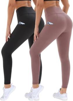 DDOBB 2er Pack Sport Leggings Damen High Waist Sportleggins Damen Lang Mit Taschen Gym Leggings Blickdicht Schwarz Sporthose Elastische Bauchweg Yogahose Fitness Laufhose(Schwarz+Rosa,S-M) von DDOBB