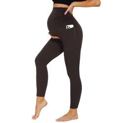 DDOBB Damen Umstandsleggings mit Taschen High Waist Umstandshose Blickdichte Schwangerschaftsleggings Weich Elastisch Umstandsmode Zuhause Yoga Sport(Braun, M) von DDOBB