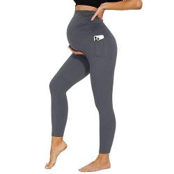 DDOBB Damen Umstandsleggings mit Taschen High Waist Umstandshose Blickdichte Schwangerschaftsleggings Weich Elastisch Umstandsmode Zuhause Yoga Sport(Dunkelgrau, M) von DDOBB