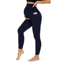 DDOBB Damen Umstandsleggings mit Taschen High Waist Umstandshose Blickdichte Schwangerschaftsleggings Weich Elastisch Umstandsmode Zuhause Yoga Sport(Navy, L) von DDOBB