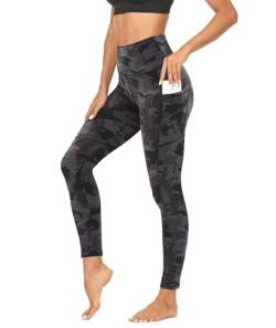 DDOBB Sport Leggings Damen Mit DREI Taschen Bauchweg Leggins Wasserdicht Sporthose High Waist Blickdichte Lang Po Push Up Yoga Hosen,Normal-schwarz Bedruck,M von DDOBB