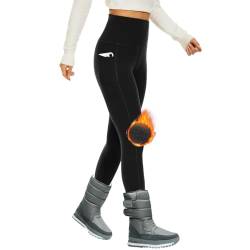 DDOBB Thermo Leggings Damen Gefüttert High Waist Thermoleggins Lang Mit Innenfleece Warm Teddy Sportleggins Strumpfhosen Thermohose Laufhose Winterkeid(B-Schwarz,(DE42-48)=L) von DDOBB