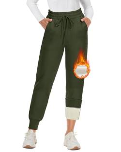 DDOBB Warme Jogginghose Gefüttert Damen Winter Fleecehose Verdickte Thermo Hosen Mit Taschen Für Outdoor Freizeit Sporthose Lang Laufhose Mit Kordelzug Training Sweatpants(Armeegrün,S) von DDOBB