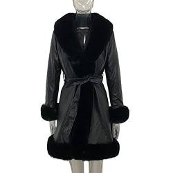 Seitentaschen Jacken Elegante solide Faux Pelzjacke Frauen Pu. Leder Krawatte Gürtel Taille Lange Mäntel Weibliche Mantel Dame (Color : Black, Size : M.) von DDSP