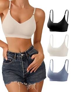 DEANGELMON Bralettes mit V-Ausschnitt, gepolstert, nahtlos, verstellbare Träger, BH für jeden Tag, Basic Schlaf-BHs, Schwarz, Blau, Aprikose, Large von DEANGELMON