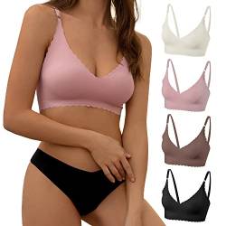 DEANGELMON V Neck Bralettes Padded Seamless Adjustable Straps Bra Everyday Basic Sleeping Bras, Schwarz, Kaffee, Rosa, Weiß, Large von DEANGELMON