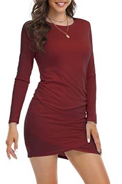 DEARCASE Damen Bodycon Kleid Kurz Enges Wickelkleid Lange Ärmel Freizeitkleider für Damen Mini T Shirt Kleid (Weinrot, L) von DEARCASE