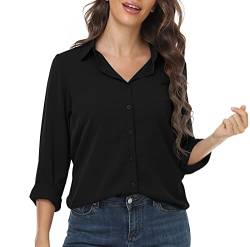 DEARCASE Damen Casual Button Down Hemd V-Ausschnitt Chiffon Langarm Büro Blusen Damen Loose Fit Sommer Tops, Medium Black von DEARCASE