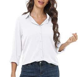 DEARCASE Damen Casual Button Down Hemd V-Ausschnitt Chiffon Langarm Büro Blusen Damen Loose Fit Sommer Tops, Medium White von DEARCASE