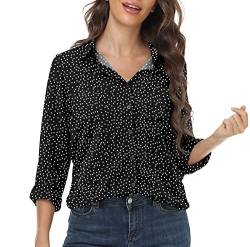 DEARCASE Damen Casual Button Down Hemd V-Ausschnitt Chiffon Langarm Büro Blusen Damen Loose Fit Sommer Tops, X-Large Dot Black von DEARCASE