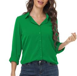 DEARCASE Damen Casual Button Down Hemd V-Ausschnitt Chiffon Langarm Büro Blusen Damen Loose Fit Sommer Tops, X-Large Green von DEARCASE