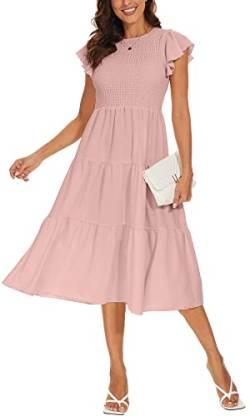 DEARCASE Damen Casual Maxi Sommerkleid Boho Rundhalsausschnitt Rüschen Kurzarm Elastische Hohe Taille Lagenloses Legeres Langes Kleid für Damen, Small Pink von DEARCASE