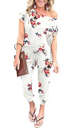 DEARCASE Damen Elegant Schulterfrei Lose Jumpsuit Kurzarm Playsuit Dehnbar Overall Hosenanzug Elastische Taille Romper mit Taschen von DEARCASE