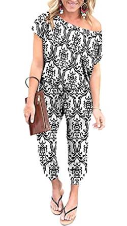 DEARCASE Damen Elegant Schulterfrei Lose Jumpsuit Kurzarm Playsuit Dehnbar Overall Hosenanzug Elastische Taille Romper mit Taschen von DEARCASE