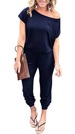 DEARCASE Damen Elegant Schulterfrei Lose Jumpsuit Kurzarm Playsuit Dehnbar Overall Hosenanzug Elastische Taille Romper mit Taschen von DEARCASE