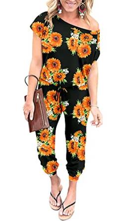 DEARCASE Damen Elegant Schulterfrei Lose Jumpsuit Kurzarm Playsuit Dehnbar Overall Hosenanzug Elastische Taille Romper mit Taschen von DEARCASE