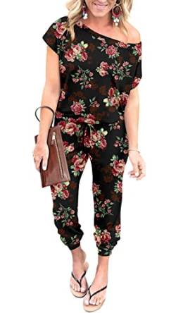 DEARCASE Damen Elegant Schulterfrei Lose Jumpsuit Kurzarm Playsuit Dehnbar Overall Hosenanzug Elastische Taille Romper mit Taschen von DEARCASE