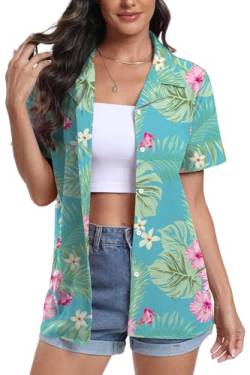 DEARCASE Damen Kurzarm Button Down Hawaii Shirts Soft Cool Floral Tropic Print V-Ausschnitt Sommer Strand Tops T-Shirt, 2X-Large Pink Flower Blue von DEARCASE