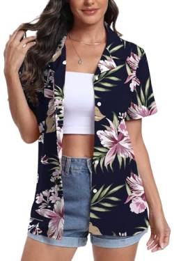 DEARCASE Damen Kurzarm Button Down Hawaii Shirts Soft Cool Floral Tropic Print V-Ausschnitt Sommer Strand Tops T-Shirt, 2X-Large Purple Flower Navy von DEARCASE