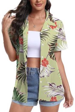 DEARCASE Damen Kurzarm Button Down Hawaii Shirts Soft Cool Floral Tropic Print V-Ausschnitt Sommer Strand Tops T-Shirt, Medium Pink Flower Green von DEARCASE