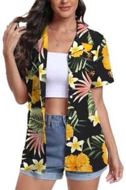 DEARCASE Damen Kurzarm Button Down Hawaii Shirts Soft Cool Floral Tropic Print V-Ausschnitt Sommer Strand Tops T-Shirt, Medium Yellow Flower Black von DEARCASE