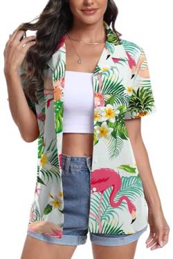 DEARCASE Damen Kurzarm Button Down Hawaii Shirts Soft Cool Floral Tropic Print V-Ausschnitt Sommer Strand Tops T-Shirt, X-Large Bird Green Leaf von DEARCASE
