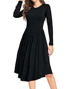 DEARCASE Damen Langärmeliges Tunika-Kleid mit Polka Dot Muster Rundhalsausschnitt Kleid im ausgestellten Stil Casual mit Taschen L, Pure Black von DEARCASE