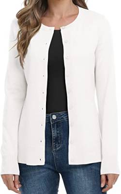 DEARCASE Damen Langarm Offene Front Gestrickte Cardigan Knopf Rundhalsausschnitt Pullover Leichte Einfarbige Pullover, 2X-Large White von DEARCASE