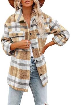 DEARCASE Damen Langarmkarierte Hemden Flanellrevers Knopfleiste Jacke Shacket Mantel mit Taschen, Medium Khaki von DEARCASE