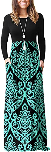 DEARCASE Damen Maxikleid, Damen lässig Winter langes Kleid, Damen Langarm Floral Print Maxi Kleid mit Taschen (Blau Grün, XL) von DEARCASE