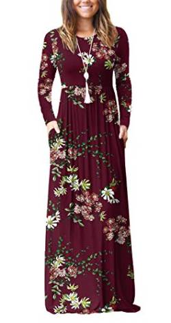 DEARCASE Damen Maxikleid, Damen lässig Winter langes Kleid, Damen Langarm Floral Print Maxi Kleid mit Taschen (Blumenwein Rot, M) von DEARCASE