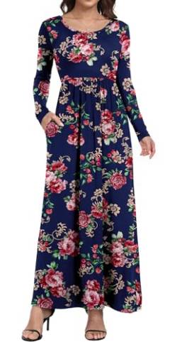 DEARCASE Damen Maxikleid, Damen lässig Winter langes Kleid, Damen Langarm Floral Print Maxi Kleid mit Taschen (Rose Marine, S) von DEARCASE
