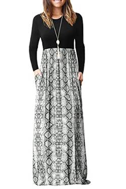 DEARCASE Damen Maxikleid, Damen lässig Winter langes Kleid, Damen Langarm Floral Print Maxi Kleid mit Taschen (Schlange, XL) von DEARCASE