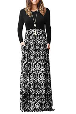 DEARCASE Damen Maxikleid, Damen lässig Winter langes Kleid, Damen Langarm Floral Print Maxi Kleid mit Taschen (Schwarz Weiß, M) von DEARCASE