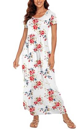 DEARCASE Damen Maxikleid Sommer Umstands Casual Kurzarm Blumen Lockeres Langes Kleider Übergröße Damenkleid mit Tasche von DEARCASE