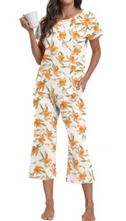 DEARCASE Damen Pyjama Sets Floral Print Kurzarm Rundhals Nachtwäsche Top und Hosen 2-teilige Lounge Wear Sets mit Taschen, Large Orange Big Flower von DEARCASE