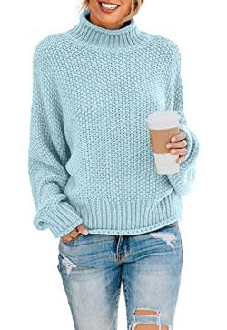 DEARCASE Damen Rollkragen Batwing Langarm Lockerer Oversize-Pullover Gestrickter Grobstrickpullover Oberteile für den Winter, Medium Aqua Blue von DEARCASE