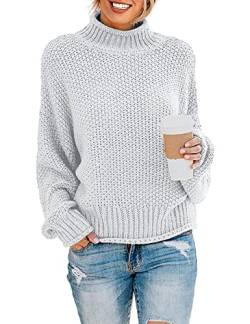 DEARCASE Damen Rollkragen Batwing Langarm Lockerer Oversize-Pullover Gestrickter Grobstrickpullover Oberteile für den Winter, Small Light Gray von DEARCASE